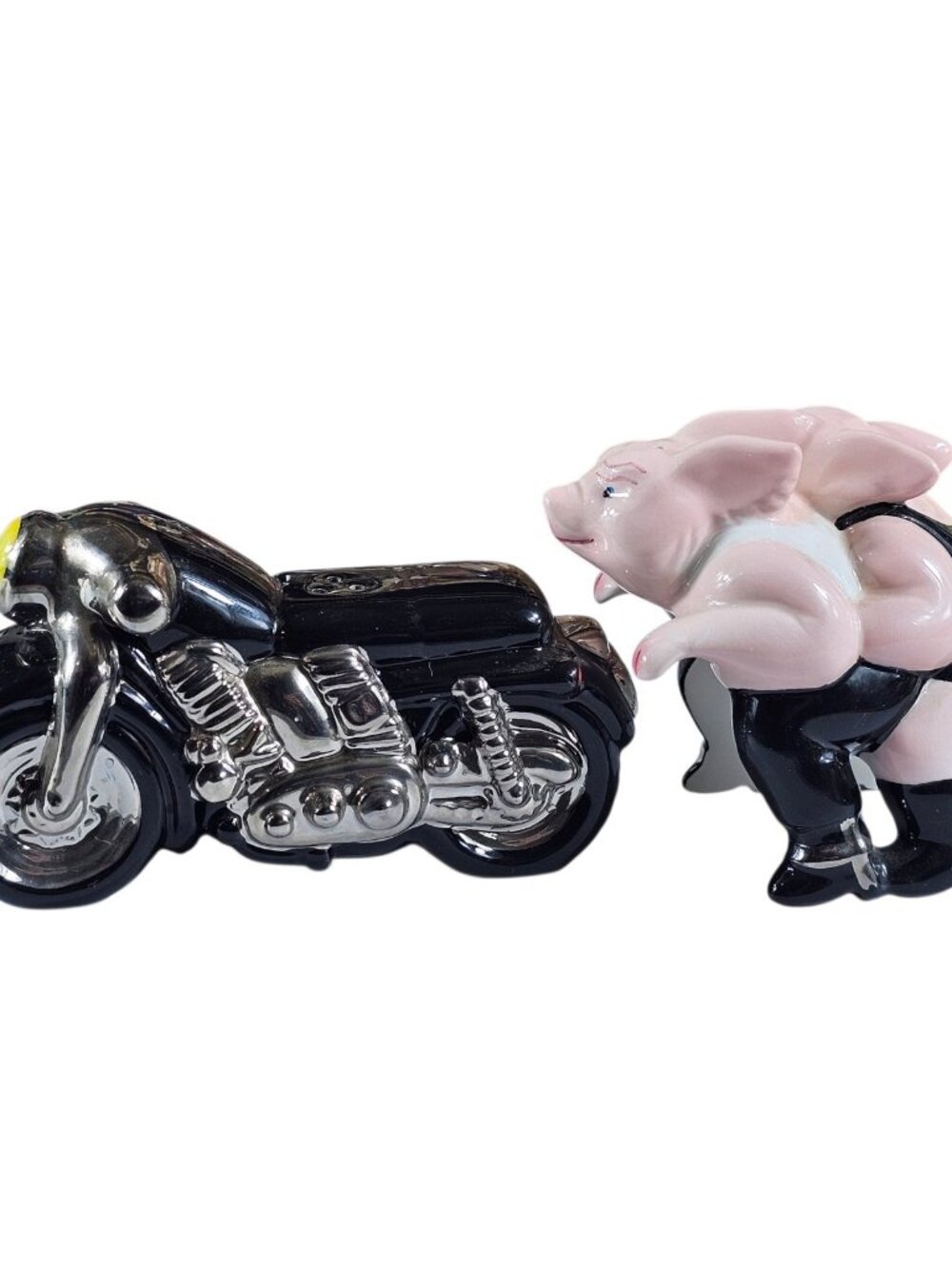 Vintage Biker Hogs Clay Art SALT & Pepper Shakers Ceramic Pigs on Motorcycle - Picture 5 of 9